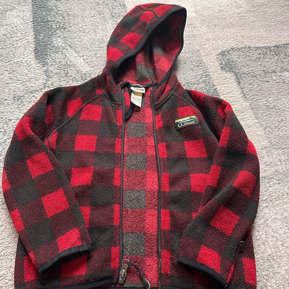 L.L. Bean Kids Red & Black Buffalo Plaid Hooded Zip Fleece, 4T